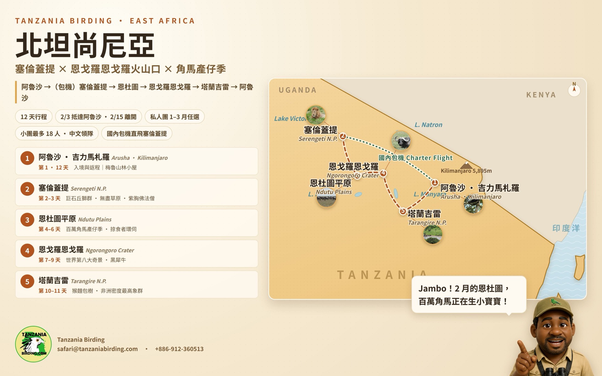 北坦尚尼亞 12 天路線圖 北坦尚尼亞 12 天路線圖:阿魯沙出發,搭國內包機飛塞倫蓋提,再經恩杜圖平原、恩戈羅恩戈羅火山口、塔蘭吉雷返回阿魯沙